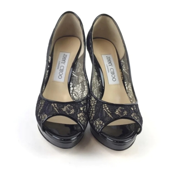 Jimmy Choo Black Luna Peep Toe Lace Pumps, Size 37 /US 7 Authentic - Picture 3 of 13